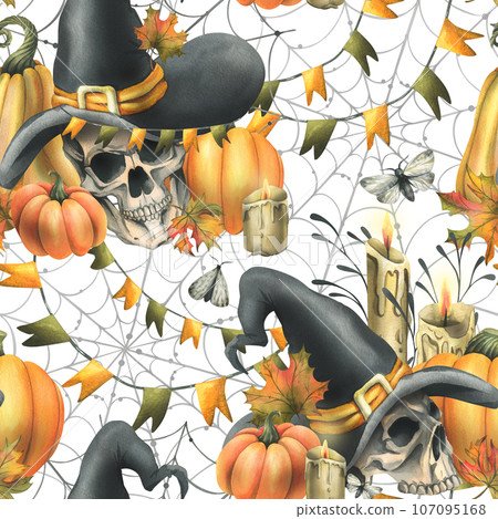 Human skulls in a black witch hat, orange pumpkins, cobwebs, candles and autumn maple leaves. Hand drawn watercolor illustration for Halloween. Seamless pattern on a white background. Human skulls in a black witch hat, orange pumpkins, cobwebs, candles and autumn maple leaves. Hand drawn watercolor illustration for Halloween. Seamless pattern on a white background. 107095168
