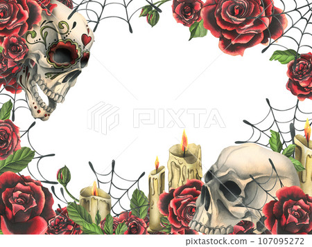 Ornamented human skull with red roses, candles and cobwebs. Hand drawn watercolor illustration for day of the dead, halloween, Dia de los muertos. Square frame, template on white background Ornamented human skull with red roses, candles and cobwebs. Hand drawn watercolor illustration for day of the dead, halloween, Dia de los muertos. Square frame, template on white background 107095272