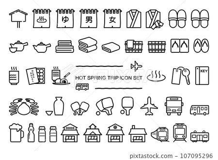 Set of hot spring travel icons, simple black strokes 107095296