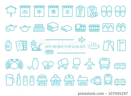 Set of hot spring travel icons, blue strokes 107095297