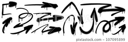Graffiti paint spray emphasis arrows with splatter and dripping ink. Rough urban emphasis tag lines with splash spray. Vector illustration of up and down cursor symbols pointing, dirty grunge icon 107095899
