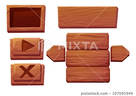 Set of wooden game menu elements tablets, hanging textured panels rope, signboards with pointer, in cartoon style isolated on white background. Rustic board, plank with place. Ui game assets 107095949