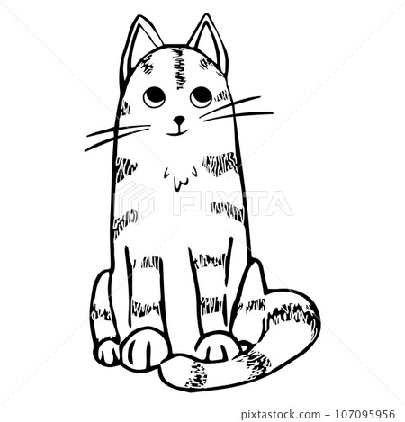 Cute cat, kitten in line doodle style emotional character isolated on white background. Comic Pet drawing. 107095956
