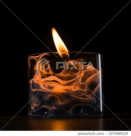 black burning candle with orange melting wax, close-up on black, sad funeral background 107096028