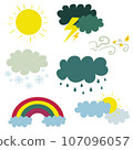 Weather elements. Rainbow and clouds. Nature plasticine objects, render style design. Vector set 107096057