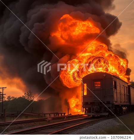 Fire on a train, a train carriage is burning, a huge flame, disaster, danger, emergency, insured event Fire on a train, a train carriage is burning, a huge flame, disaster, danger, emergency, insured event 107096224