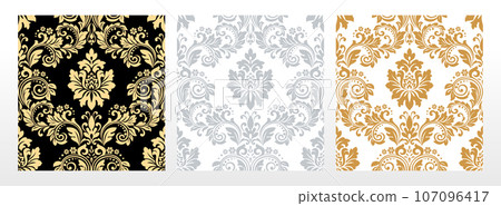 Wallpapers in the style of Baroque. Seamless vector backgrounds. Set of colored floral ornaments. Graphic patterns for fabric, wallpaper, packaging. Ornate Damask flower ornaments 107096417