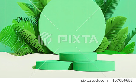 Green podium in modern tropical background for product placement 3d render. AI Generative Green podium in modern tropical background for product placement 3d render. AI Generative 107096695