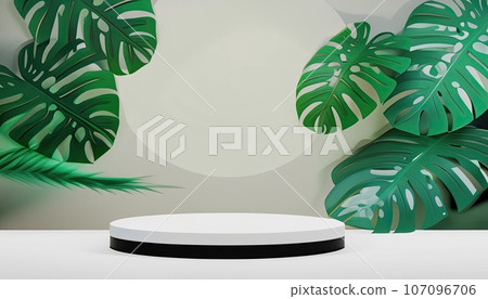 Green podium in modern tropical background for product placement 3d render. AI Generative 107096706