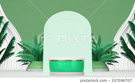 Green podium in modern tropical background for product placement 3d render. AI Generative 107096707