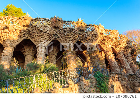 Columns designed by Antoni Gaudi in park Guell in Barcelona, Spain 107096761