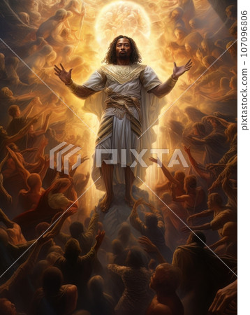 Biblical oil painting of the ascension of African Jesus Christ over the believers AI Biblical oil painting of the ascension of African Jesus Christ over the believers AI 107096806
