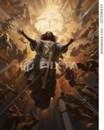Biblical oil painting of the ascension of African Jesus Christ over the believers AI 107096814