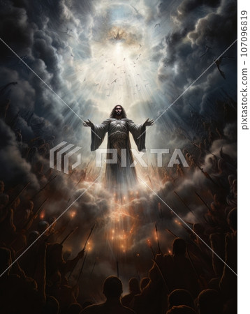 Biblical oil painting of the ascension of African Jesus Christ over the believers AI Biblical oil painting of the ascension of African Jesus Christ over the believers AI 107096819