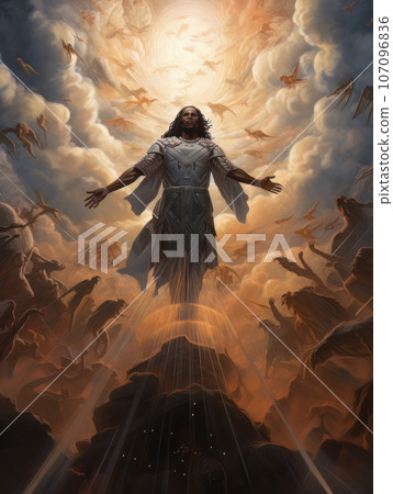 Biblical oil painting of the ascension of African Jesus Christ over the believers AI Biblical oil painting of the ascension of African Jesus Christ over the believers AI 107096836