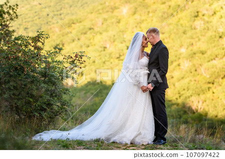Full-length portrait of the newlyweds against the backdrop of brightly lit foliage, the newlyweds look lovingly at each other 107097422