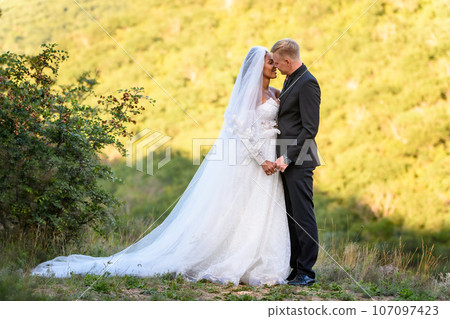 Full-length portrait of the newlyweds against the backdrop of brightly lit foliage, the newlyweds are ready to kiss 107097423