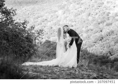 Full-length portrait of the newlyweds against the backdrop of brightly lit foliage, the newlyweds passionately embrace, black and white version 107097451