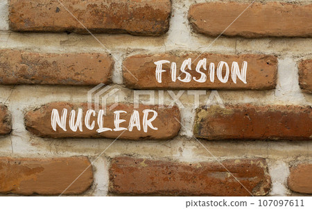 Nuclear fission symbol. Concept words Nuclear fission on beautiful brick wall. Beautiful red brown brick wall background. Business science nuclear fission concept. Copy space. Nuclear fission symbol. Concept words Nuclear fission on beautiful brick wall. Beautiful red brown brick wall background. Business science nuclear fission concept. Copy space. 107097611