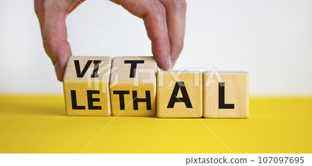 Vital vs lethal symbol. Businessman turns wooden cubes and changes the word 'lethal' to 'vital'. Beautiful yellow table, white background, copy space. Business and vital vs lethal concept. 107097695