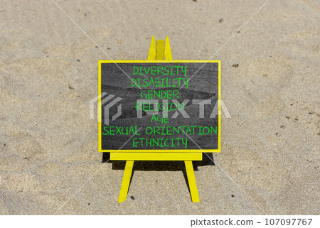 Diversity ethnicity gender age sexual orientation religion disability words written on black chalk blackboard on a beautiful sand background. Equality diversity ethnicity gender disability concept. 107097767
