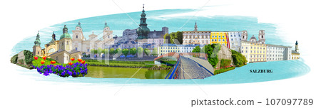 Panoramic view of Salzburg skyline with river Salzach, Salzburger Land, Austria 107097789