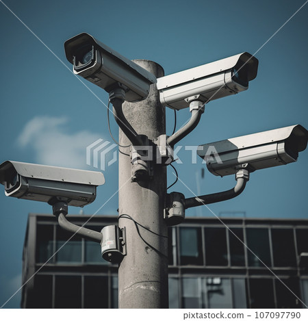 Many surveillance cameras on a concrete pillar pointing in different directions, big brother is watching you 107097790