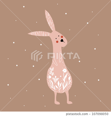 Card Adorable hare or wild rabbit sitting in flowers, hand drawn in linocut style. Linocut style vector illustration, isolated on white background 107098050