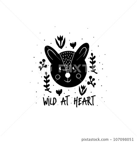 Card Wild at Heart. Deer silhouette. Fairy tale vector illustration. Linocut style. Modern boho decorative linocut. Card Wild at Heart. Deer silhouette. Fairy tale vector illustration. Linocut style. Modern boho decorative linocut. 107098051