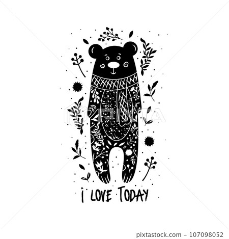 Card Be Still with Bear, white floral elements. Cute cartoon character. Linocut style. Card Be Still with Bear, white floral elements. Cute cartoon character. Linocut style. 107098052