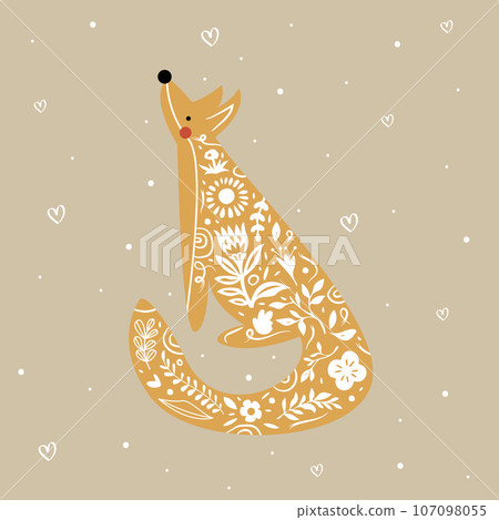 Card Fox in floral ornament. Modern boho decorative linocut. Card Fox in floral ornament. Modern boho decorative linocut. 107098055