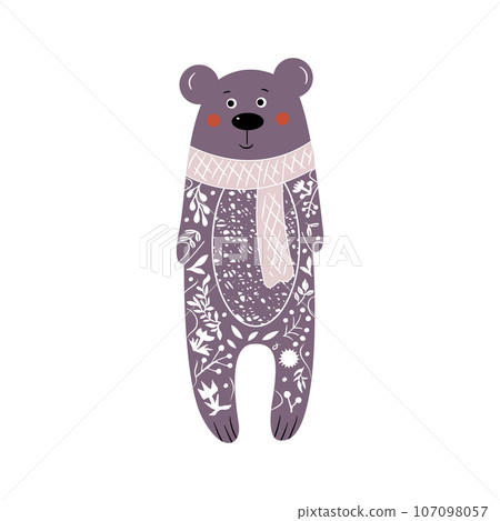 Bear black and white illustration with white floral elements. Cute cartoon character. Linocut style. Bear black and white illustration with white floral elements. Cute cartoon character. Linocut style. 107098057