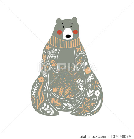 Bear black and white illustration with white floral elements. Cute cartoon character. Linocut style. Bear black and white illustration with white floral elements. Cute cartoon character. Linocut style. 107098059