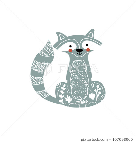 Cute cartoon raccoon. Forest animal vector. Linocut style vector illustration, isolated on white background 107098060
