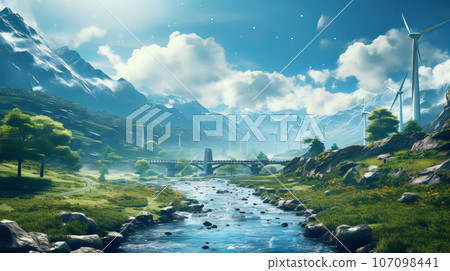 Beautiful hilly landscape with wind turbines generating electricity. Renewable energy source 107098441