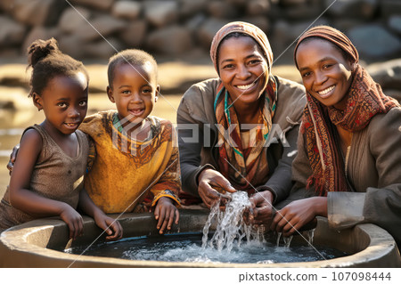African family enjoy clean water and stretches out his hands to tank with fountain of clean water. 107098444