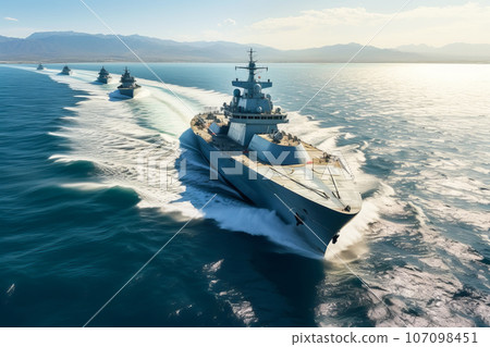 Modern military naval warships in open sea. Military naval exercises Modern military naval warships in open sea. Military naval exercises 107098451
