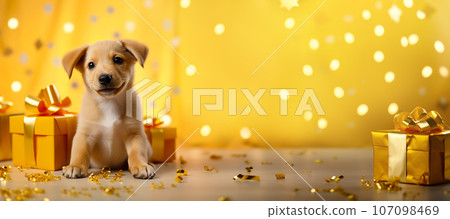 Cute puppy with golden gift boxes on festive yellow banner. Giving Tuesday or boxing day concept, copy space 107098469