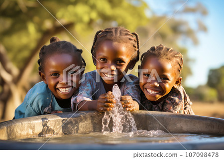 African children enjoy clean water and stretches out his hands to tank with fountain of clean water. 107098478