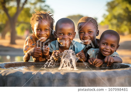 African children enjoy clean water and stretches out his hands to tank with fountain of clean water. 107098481
