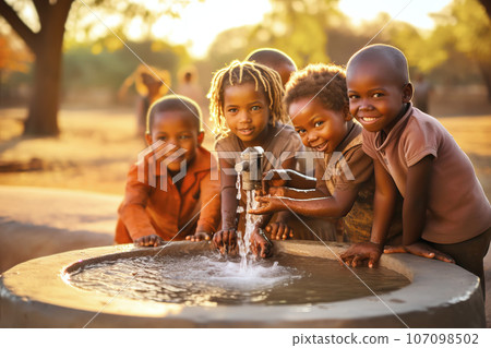 African children enjoy clean water and stretches out his hands to tank with fountain of clean water. African children enjoy clean water and stretches out his hands to tank with fountain of clean water. 107098502