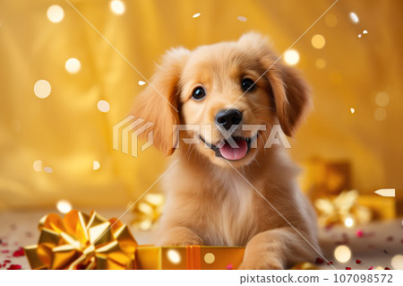 Cute puppy with golden gift boxes on festive yellow background. Giving Tuesday or boxing day concept Cute puppy with golden gift boxes on festive yellow background. Giving Tuesday or boxing day concept 107098572