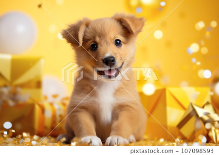 Cute puppy with golden gift boxes on festive yellow background. Giving Tuesday or boxing day concept Cute puppy with golden gift boxes on festive yellow background. Giving Tuesday or boxing day concept 107098593