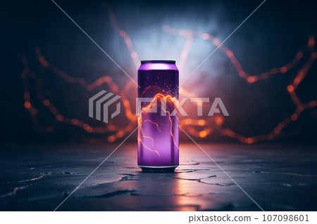 Aluminum energy drink soda can on a dark glowing background 107098601