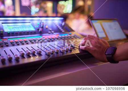 Sound mixer. Professional audio mixing console with lights, buttons, faders and sliders. Sound mixer. Professional audio mixing console with lights, buttons, faders and sliders. 107098936