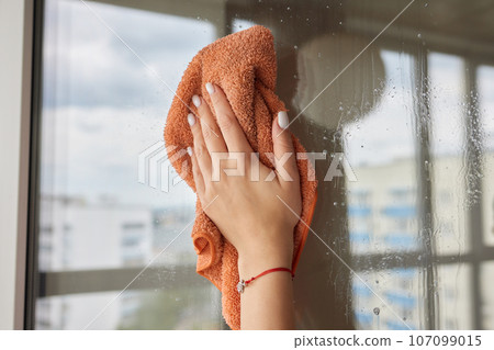 Young woman cleaning window glass with rag at home, closeup. Young woman cleaning window glass with rag at home, closeup. 107099015