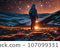 Astronaut on an icy rocky surface with the sky filled with stars and galaxies, AI-generated 107099331
