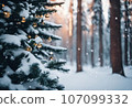 Decorated Christmas tree stands against a snowy backdrop, AI-generated. 107099332
