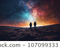 Astronaut on an icy rocky surface with the sky filled with stars and galaxies, AI-generated 107099333