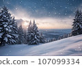 Picturesque view of a snow-covered mountain range illuminated by a vibrant sunset, AI-generated. 107099334